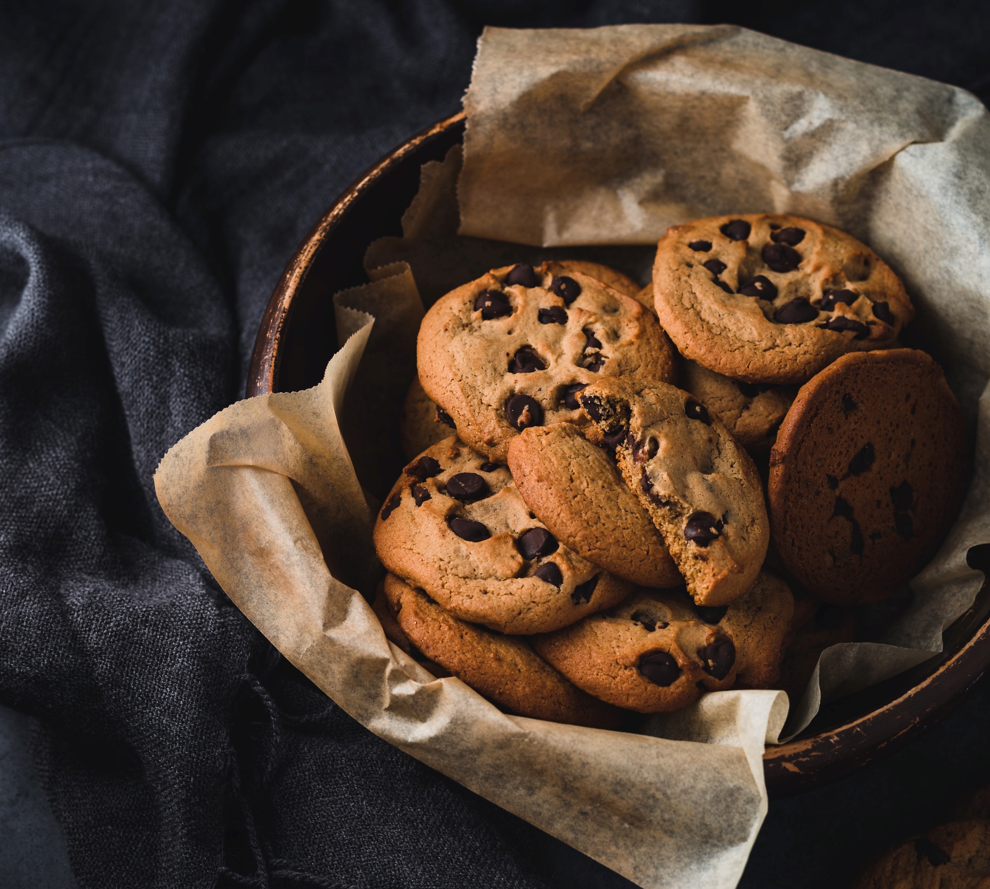 A basket of chocolate chip cookies.