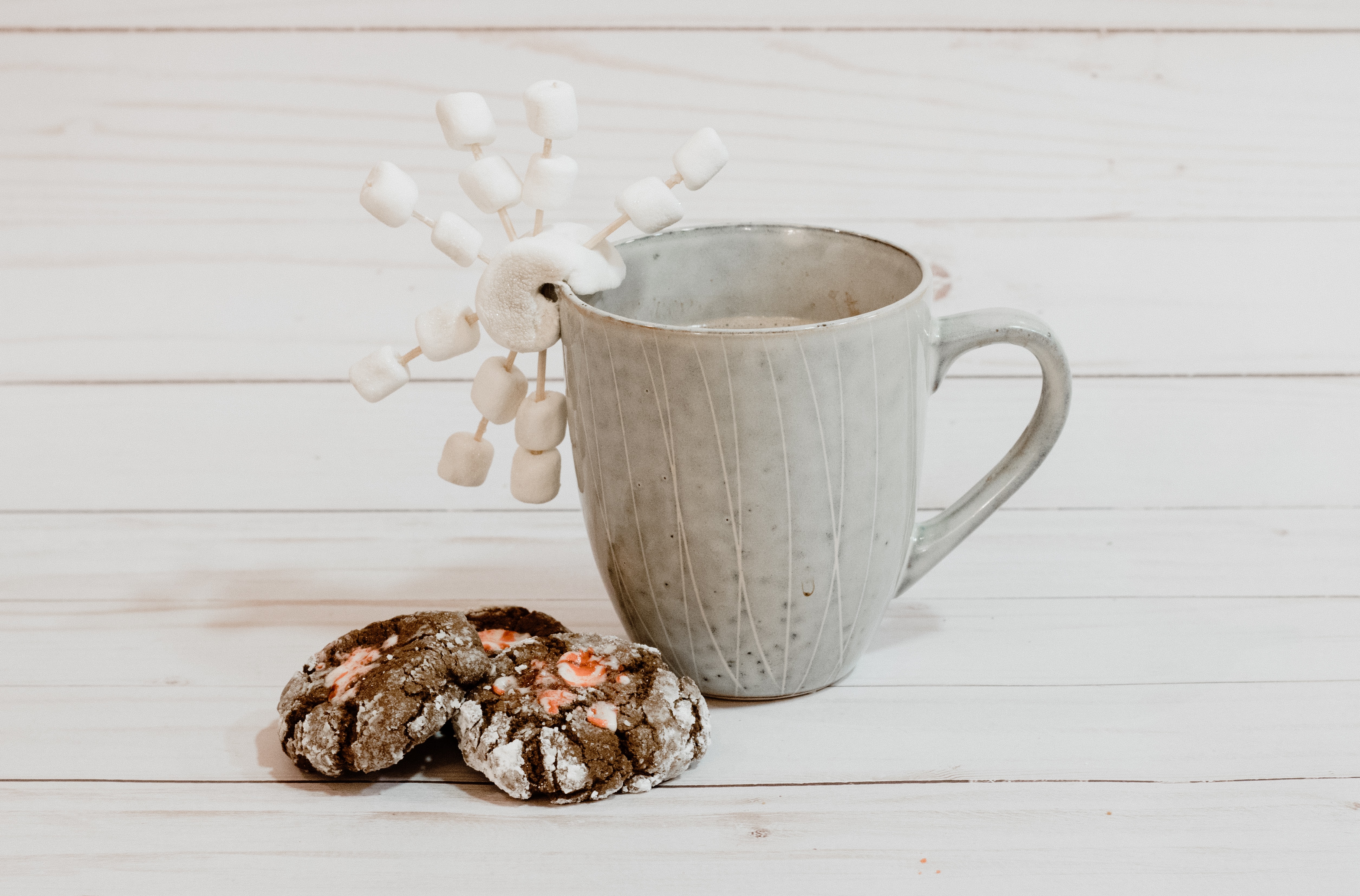 Two chocolate peppermint cookies next 
           to mug with a marshmallow star on the rim.